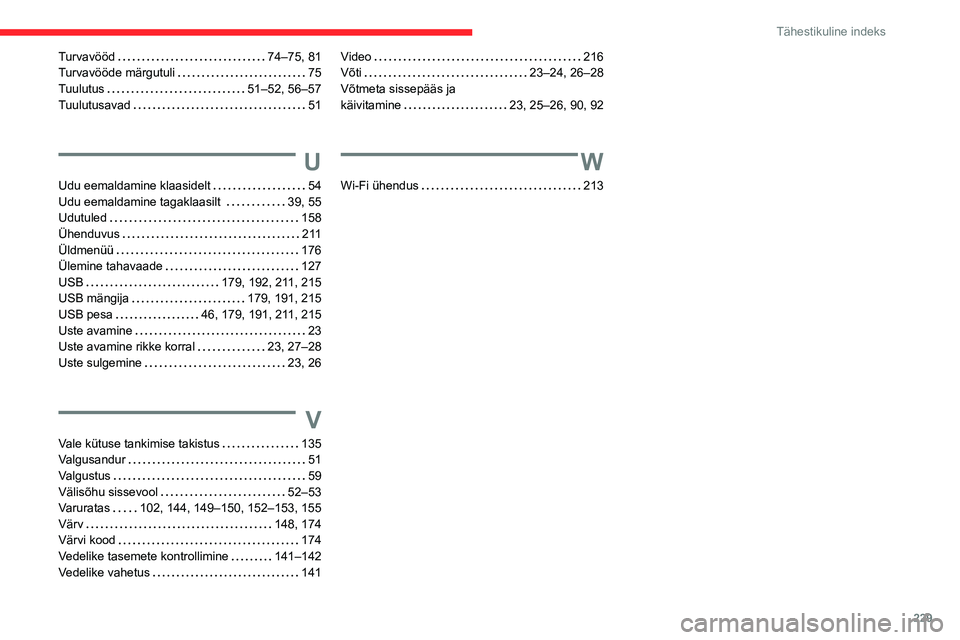 CITROEN BERLINGO VAN 2021  Kasutusjuhend (in Estonian) 229
Tähestikuline indeks
Turvavööd    74–75, 81
Turvavööde märgutuli     
75
Tuulutus
    
51–52, 56–57
Tuulutusavad
    
51
U
Udu eemaldamine klaasidelt     54
Udu eemaldamine tagaklaasil