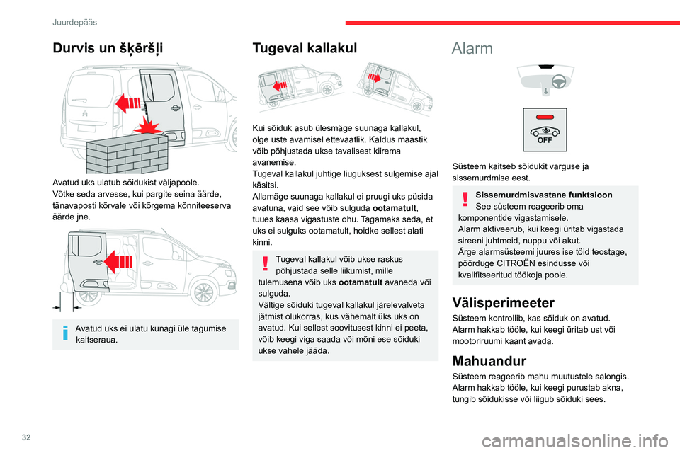CITROEN BERLINGO VAN 2021  Kasutusjuhend (in Estonian) 32
Juurdepääs
Durvis un šķēršļi 
 
Avatud uks ulatub sõidukist väljapoole. 
Võtke seda arvesse, kui pargite seina äärde, 
tänavaposti kõrvale või kõrgema kõnniteeserva 
äärde jne.
 