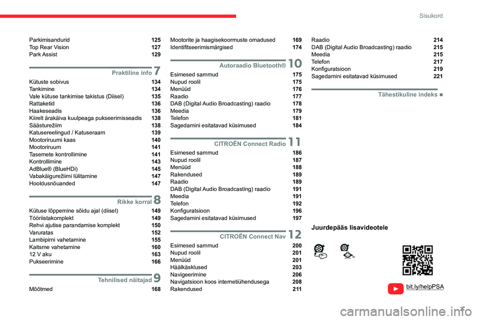 CITROEN BERLINGO VAN 2021  Kasutusjuhend (in Estonian) 3
Sisukord
  
  
bit.ly/helpPSA 
 
 
Parkimisandurid  125
Top Rear Vision  127
Park Assist  129
 7Praktiline info
Kütuste sobivus  134
Tankimine  134
Vale kütuse tankimise takistus (Diisel)  135
Rat