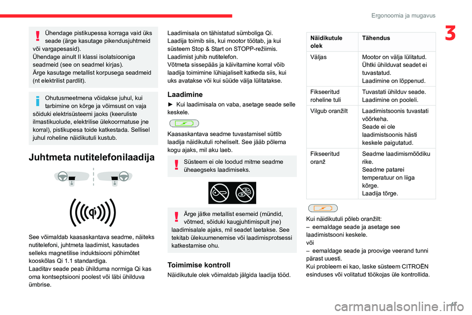 CITROEN BERLINGO VAN 2021  Kasutusjuhend (in Estonian) 47
Ergonoomia ja mugavus
3Ühendage pistikupessa korraga vaid üks 
seade (ärge kasutage pikendusjuhtmeid 
või vargapesasid).
Ühendage ainult II klassi isolatsiooniga 
seadmeid (see on seadmel kirj