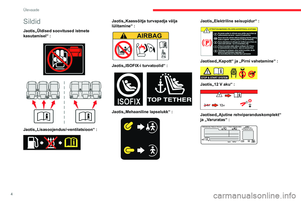 CITROEN BERLINGO VAN 2021  Kasutusjuhend (in Estonian) 4
Ülevaade
Sildid
Jaotis„Üldised soovitused istmete 
kasutamisel“ :
 
 
 
 
Jaotis„Lisasoojendus/-ventilatsioon“ : 
 
Jaotis„Kaassõitja turvapadja välja 
lülitamine“ :
 
 
Jaotis„IS