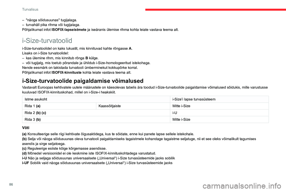 CITROEN BERLINGO VAN 2021  Kasutusjuhend (in Estonian) 86
Turvalisus
– "näoga sõidusuunas" tugijalaga.
–  turvahäll pika rihma või tugijalaga.
Põhjalikumat infot  ISOFIX-lapseistmete
 ja iseäranis ülemise rihma kohta leiate vastava teem