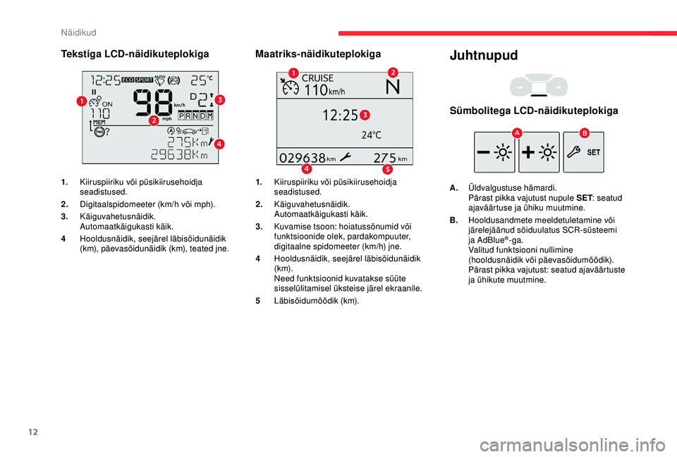 CITROEN BERLINGO VAN 2019 Kasutusjuhend (in Estonian) 12
Tekstiga LCD-näidikuteplokiga
1.Kiiruspiiriku või püsikiirusehoidja
seadistused.
2. Digitaalspidomeeter (km/h või mph).
3. Käiguvahetusnäidik.
Automaatkäigukasti käik.
4 Hooldusnäidik, se CITROEN BERLINGO VAN 2019 Kasutusjuhend (in Estonian) 12
Tekstiga LCD-näidikuteplokiga
1.Kiiruspiiriku või püsikiirusehoidja
seadistused.
2. Digitaalspidomeeter (km/h või mph).
3. Käiguvahetusnäidik.
Automaatkäigukasti käik.
4 Hooldusnäidik, se