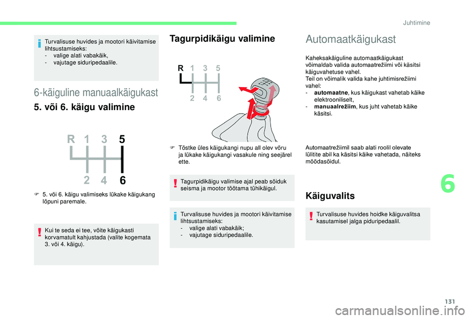CITROEN BERLINGO VAN 2019 Kasutusjuhend (in Estonian) 131
Tur valisuse huvides ja mootori käivitamise
lihtsustamiseks:
-
v
alige alati vabakäik,
-
v
ajutage siduripedaalile.
6-käiguline manuaalkäigukast
5. või 6. käigu valimine
F 5. või 6. kä CITROEN BERLINGO VAN 2019 Kasutusjuhend (in Estonian) 131
Tur valisuse huvides ja mootori käivitamise
lihtsustamiseks:
-
v
alige alati vabakäik,
-
v
ajutage siduripedaalile.
6-käiguline manuaalkäigukast
5. või 6. käigu valimine
F 5. või 6. kä