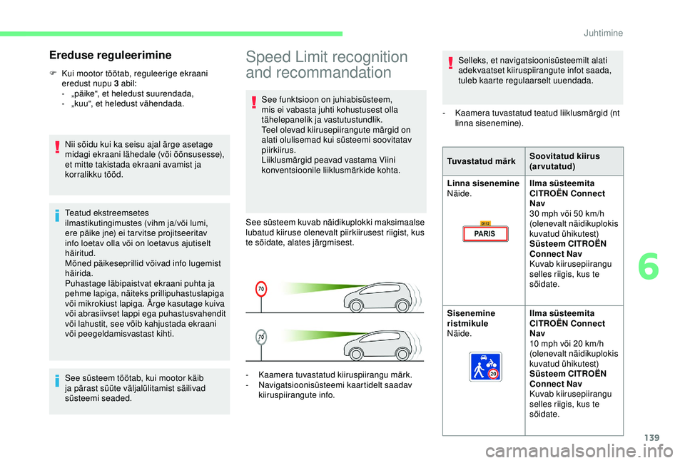 CITROEN BERLINGO VAN 2019 Kasutusjuhend (in Estonian) 139
Speed Limit recognition
and recommandation
See funktsioon on juhiabisüsteem,
mis ei vabasta juhti kohustusest olla
tähelepanelik ja vastutustundlik.
Teel olevad kiirusepiirangute märgid on
CITROEN BERLINGO VAN 2019 Kasutusjuhend (in Estonian) 139
Speed Limit recognition
and recommandation
See funktsioon on juhiabisüsteem,
mis ei vabasta juhti kohustusest olla
tähelepanelik ja vastutustundlik.
Teel olevad kiirusepiirangute märgid on