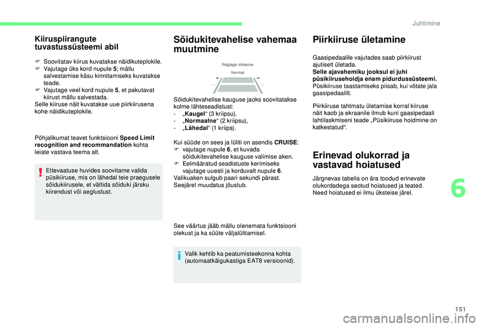 CITROEN BERLINGO VAN 2019 Kasutusjuhend (in Estonian) 151
Kiiruspiirangute
tuvastussüsteemi abil
F Soovitatav kiirus kuvatakse näidikuteplokile.
F V ajutage üks kord nupule 5 ; mällu
salvestamise käsu kinnitamiseks kuvatakse
teade.
F
V
ajutage CITROEN BERLINGO VAN 2019 Kasutusjuhend (in Estonian) 151
Kiiruspiirangute
tuvastussüsteemi abil
F Soovitatav kiirus kuvatakse näidikuteplokile.
F V ajutage üks kord nupule 5 ; mällu
salvestamise käsu kinnitamiseks kuvatakse
teade.
F
V
ajutage