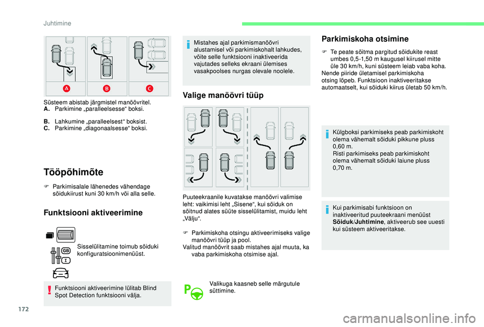 CITROEN BERLINGO VAN 2019 Kasutusjuhend (in Estonian) 172
Tööpõhimõte
F Parkimisalale lähenedes vähendage sõidukiirust kuni 30 km/h või alla selle.
Funktsiooni aktiveerimine
Sisselülitamine toimub sõiduki
konfiguratsioonimenüüst.
Funktsioon CITROEN BERLINGO VAN 2019 Kasutusjuhend (in Estonian) 172
Tööpõhimõte
F Parkimisalale lähenedes vähendage sõidukiirust kuni 30 km/h või alla selle.
Funktsiooni aktiveerimine
Sisselülitamine toimub sõiduki
konfiguratsioonimenüüst.
Funktsioon
