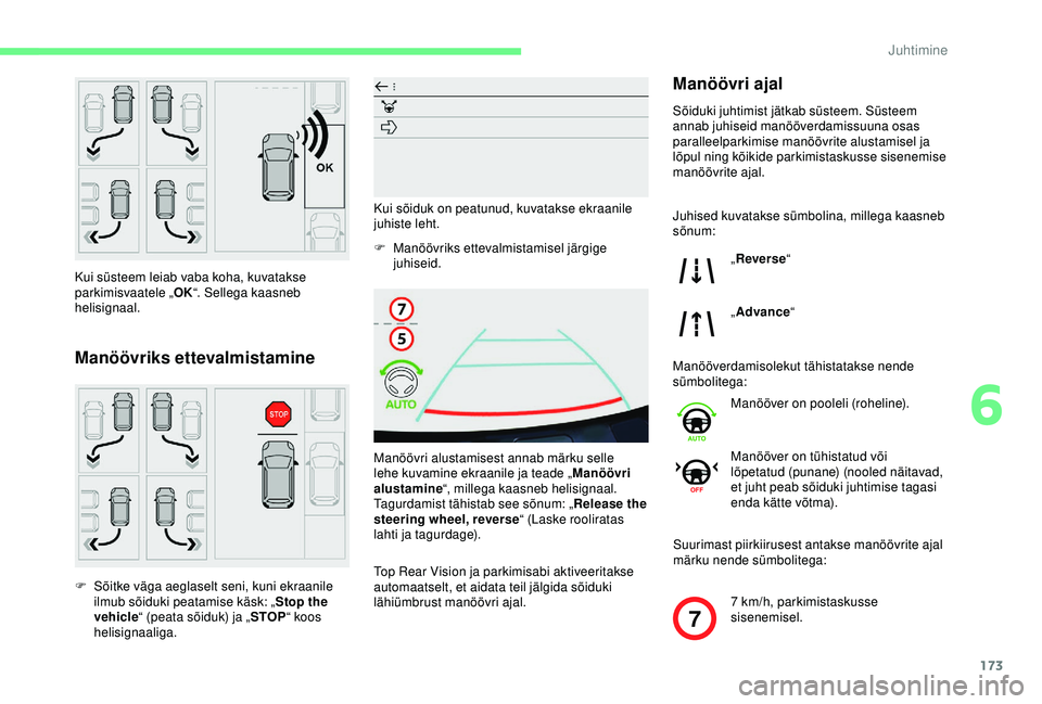 CITROEN BERLINGO VAN 2019 Kasutusjuhend (in Estonian) 173
7
Kui süsteem leiab vaba koha, kuvatakse
parkimisvaatele „OK“. Sellega kaasneb
helisignaal.
Manöövriks ettevalmistamine
F Sõitke väga aeglaselt seni, kuni ekraanile ilmub sõiduki peat CITROEN BERLINGO VAN 2019 Kasutusjuhend (in Estonian) 173
7
Kui süsteem leiab vaba koha, kuvatakse
parkimisvaatele „OK“. Sellega kaasneb
helisignaal.
Manöövriks ettevalmistamine
F Sõitke väga aeglaselt seni, kuni ekraanile ilmub sõiduki peat