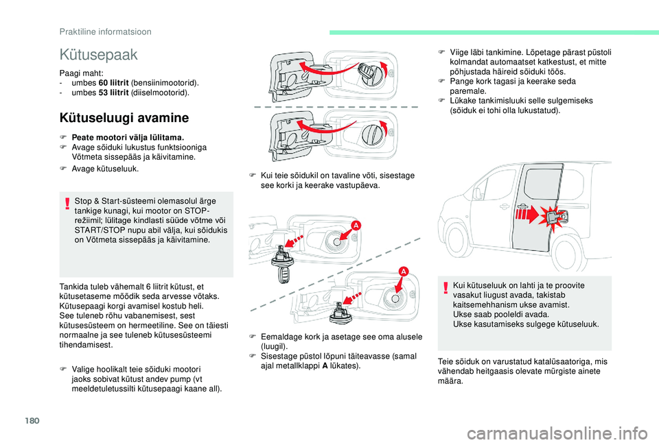 CITROEN BERLINGO VAN 2019 Kasutusjuhend (in Estonian) 180
Kütusepaak
Paagi maht:
- umbes 60
liitrit (bensiinimootorid).
-
umbes 53
liitrit (diiselmootorid).
Kütuseluugi avamine
Stop & Start-süsteemi olemasolul ärge
tankige kunagi, kui moot CITROEN BERLINGO VAN 2019 Kasutusjuhend (in Estonian) 180
Kütusepaak
Paagi maht:
- umbes 60
liitrit (bensiinimootorid).
-
umbes 53
liitrit (diiselmootorid).
Kütuseluugi avamine
Stop & Start-süsteemi olemasolul ärge
tankige kunagi, kui moot