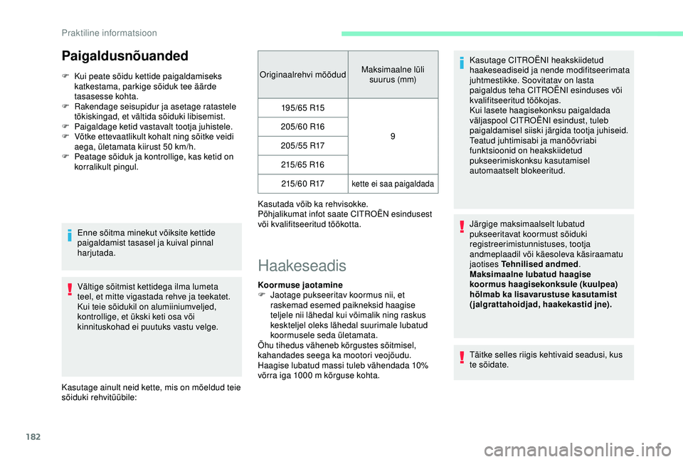 CITROEN BERLINGO VAN 2019 Kasutusjuhend (in Estonian) 182
Paigaldusnõuanded
F Kui peate sõidu kettide paigaldamiseks katkestama, parkige sõiduk tee äärde
tasasesse kohta.
F
Ra
kendage seisupidur ja asetage ratastele
tõkiskingad, et vältida sà CITROEN BERLINGO VAN 2019 Kasutusjuhend (in Estonian) 182
Paigaldusnõuanded
F Kui peate sõidu kettide paigaldamiseks katkestama, parkige sõiduk tee äärde
tasasesse kohta.
F
Ra
kendage seisupidur ja asetage ratastele
tõkiskingad, et vältida sÃ