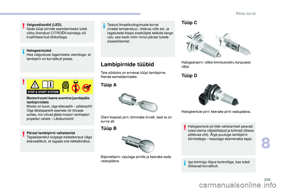 CITROEN BERLINGO VAN 2019 Kasutusjuhend (in Estonian) 205
Valgusdioodid (LED).
Seda tüüpi pirnide asendamiseks tuleb
võtta ühendust CITROËN esindaja või
kvalifitseeritud töökottaga.
Halogeentuled
Hea valgustuse tagamiseks veenduge, et
lambipir CITROEN BERLINGO VAN 2019 Kasutusjuhend (in Estonian) 205
Valgusdioodid (LED).
Seda tüüpi pirnide asendamiseks tuleb
võtta ühendust CITROËN esindaja või
kvalifitseeritud töökottaga.
Halogeentuled
Hea valgustuse tagamiseks veenduge, et
lambipir