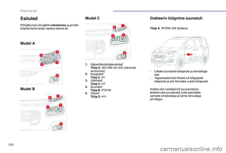 CITROEN BERLINGO VAN 2019 Kasutusjuhend (in Estonian) 206
Mudel A
Mudel BMudel C
Dubleeriv külgmine suunatuli
Tüüp A, WY5W–5W (kollane)
-
L
ükake suunatuld tahapoole ja eemaldage
see.
-
T
agasiasetamisel lükake tuli kõigepealt
ettepoole ja CITROEN BERLINGO VAN 2019 Kasutusjuhend (in Estonian) 206
Mudel A
Mudel BMudel C
Dubleeriv külgmine suunatuli
Tüüp A, WY5W–5W (kollane)
-
L
ükake suunatuld tahapoole ja eemaldage
see.
-
T
agasiasetamisel lükake tuli kõigepealt
ettepoole ja