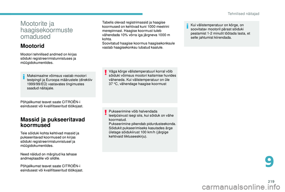 CITROEN BERLINGO VAN 2019 Kasutusjuhend (in Estonian) 219
Mootorite ja
haagisekoormuste
omadused
Mootorid
Mootori tehnilised andmed on kirjas
sõiduki registreerimistunnistuses ja
müügidokumentides.Maksimaalne võimsus vastab mootori
testpingil ja CITROEN BERLINGO VAN 2019 Kasutusjuhend (in Estonian) 219
Mootorite ja
haagisekoormuste
omadused
Mootorid
Mootori tehnilised andmed on kirjas
sõiduki registreerimistunnistuses ja
müügidokumentides.Maksimaalne võimsus vastab mootori
testpingil ja