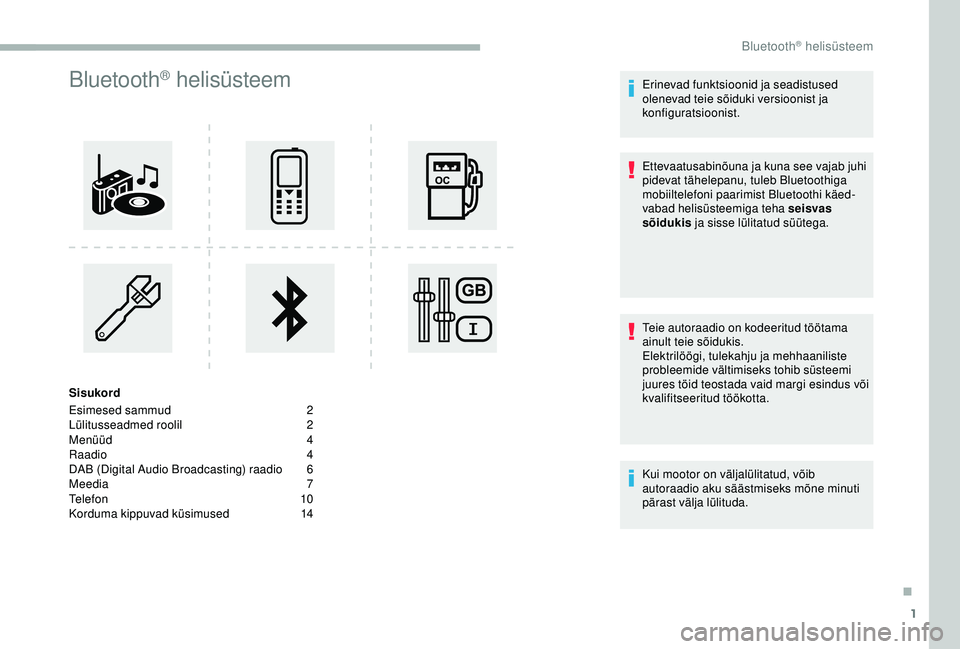 CITROEN BERLINGO VAN 2019 Kasutusjuhend (in Estonian) 1
Bluetooth® helisüsteem
Sisukord
Esimesed sammud
2
L
ülitusseadmed roolil
2
M
enüüd
4
Raadio
4
D
AB (Digital Audio Broadcasting) raadio
6
M
eedia 7
Telefon
10
Korduma kippuvad CITROEN BERLINGO VAN 2019 Kasutusjuhend (in Estonian) 1
Bluetooth® helisüsteem
Sisukord
Esimesed sammud
2
L
ülitusseadmed roolil
2
M
enüüd
4
Raadio
4
D
AB (Digital Audio Broadcasting) raadio
6
M
eedia 7
Telefon
10
Korduma kippuvad