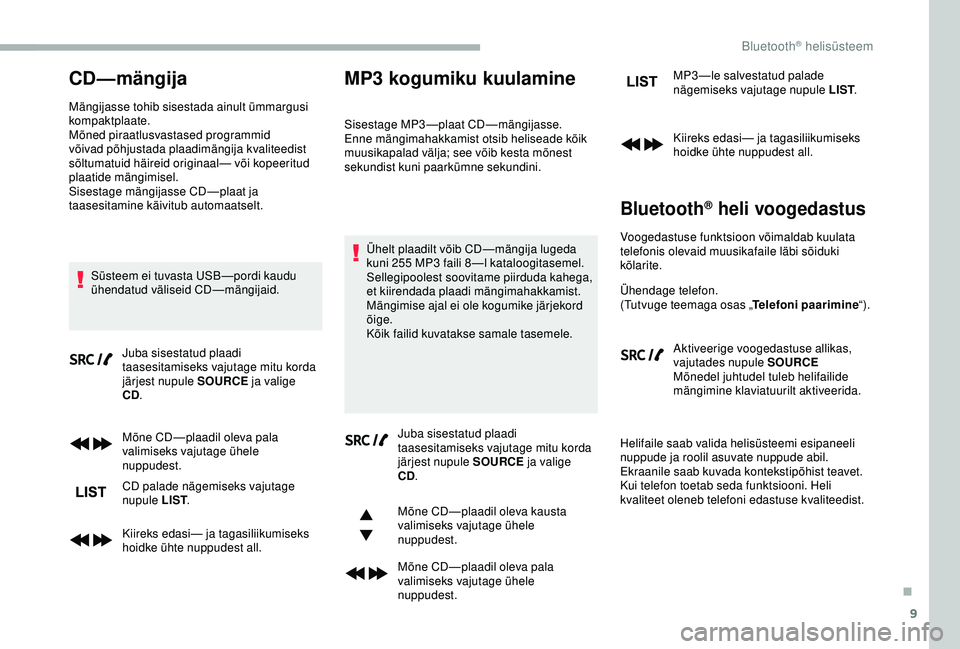 CITROEN BERLINGO VAN 2019 Kasutusjuhend (in Estonian) 9
CD—mängija
Mängijasse tohib sisestada ainult ümmargusi
kompaktplaate.
Mõned piraatlusvastased programmid
võivad põhjustada plaadimängija kvaliteedist
sõltumatuid häireid originaal— v CITROEN BERLINGO VAN 2019 Kasutusjuhend (in Estonian) 9
CD—mängija
Mängijasse tohib sisestada ainult ümmargusi
kompaktplaate.
Mõned piraatlusvastased programmid
võivad põhjustada plaadimängija kvaliteedist
sõltumatuid häireid originaal— v