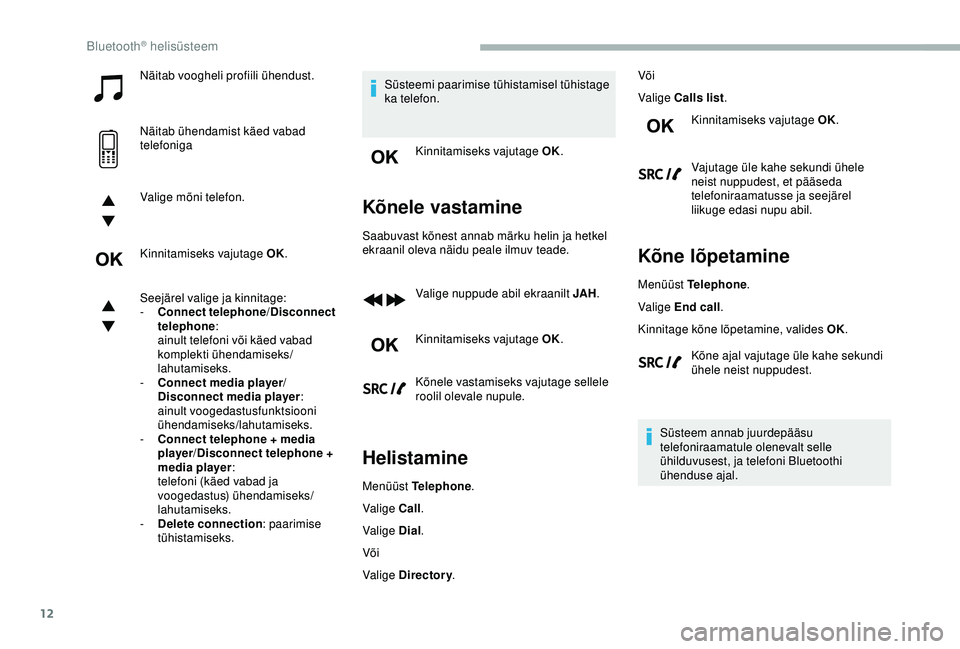 CITROEN BERLINGO VAN 2019 Kasutusjuhend (in Estonian) 12
Näitab voogheli profiili ühendust.
Näitab ühendamist käed vabad
telefoniga
Valige mõni telefon.
Kinnitamiseks vajutage OK.
Seejärel valige ja kinnitage:
-
C
onnect telephone /Disconnect
CITROEN BERLINGO VAN 2019 Kasutusjuhend (in Estonian) 12
Näitab voogheli profiili ühendust.
Näitab ühendamist käed vabad
telefoniga
Valige mõni telefon.
Kinnitamiseks vajutage OK.
Seejärel valige ja kinnitage:
-
C
onnect telephone /Disconnect
