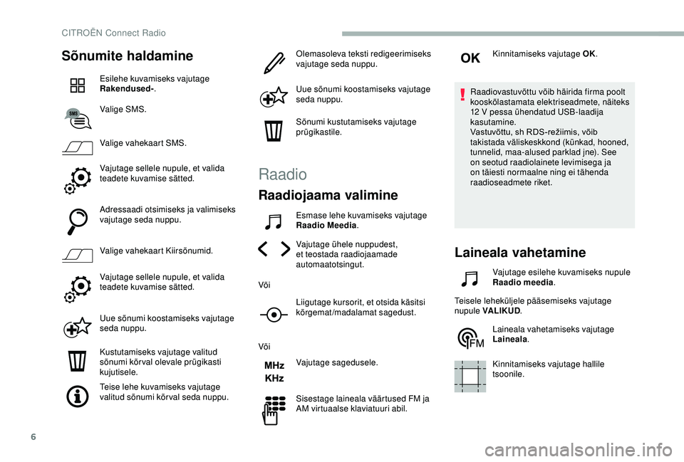 CITROEN BERLINGO VAN 2019 Kasutusjuhend (in Estonian) 6
Sõnumite haldamine
Esilehe kuvamiseks vajutage
Rakendused-.
Valige SMS.
Valige vahekaart SMS.
Vajutage sellele nupule, et valida
teadete kuvamise sätted.
Adressaadi otsimiseks ja valimiseks
vaj CITROEN BERLINGO VAN 2019 Kasutusjuhend (in Estonian) 6
Sõnumite haldamine
Esilehe kuvamiseks vajutage
Rakendused-.
Valige SMS.
Valige vahekaart SMS.
Vajutage sellele nupule, et valida
teadete kuvamise sätted.
Adressaadi otsimiseks ja valimiseks
vaj