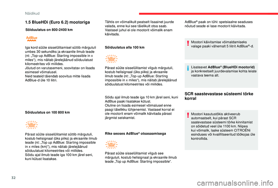 CITROEN BERLINGO VAN 2019 Kasutusjuhend (in Estonian) 32
1.5 BlueHDi (Euro 6.2) mootoriga
Sõiduulatus on 800-2400 km
Sõiduulatus on 100 800 km Sõiduulatus alla 100
km
Sõidu ajal ilmub teade iga 10
km järel seni, kuni
AdBlue paaki lisatakse CITROEN BERLINGO VAN 2019 Kasutusjuhend (in Estonian) 32
1.5 BlueHDi (Euro 6.2) mootoriga
Sõiduulatus on 800-2400 km
Sõiduulatus on 100 800 km Sõiduulatus alla 100
km
Sõidu ajal ilmub teade iga 10
km järel seni, kuni
AdBlue paaki lisatakse