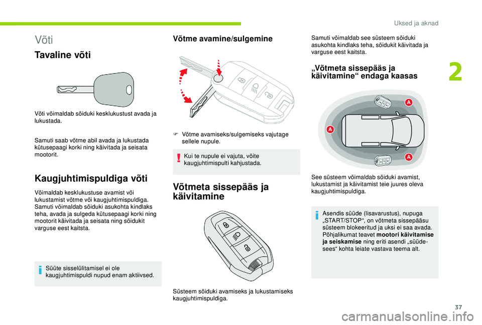 CITROEN BERLINGO VAN 2019 Kasutusjuhend (in Estonian) 37
Võti
Tavaline võti
Võti võimaldab sõiduki kesklukustust avada ja
lukustada.
Samuti saab võtme abil avada ja lukustada
kütusepaagi korki ning käivitada ja seisata
mootorit.
Kaugjuhtimispu CITROEN BERLINGO VAN 2019 Kasutusjuhend (in Estonian) 37
Võti
Tavaline võti
Võti võimaldab sõiduki kesklukustust avada ja
lukustada.
Samuti saab võtme abil avada ja lukustada
kütusepaagi korki ning käivitada ja seisata
mootorit.
Kaugjuhtimispu