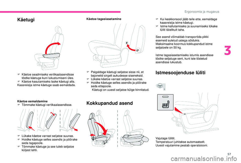 CITROEN BERLINGO VAN 2019 Kasutusjuhend (in Estonian) 57
Käetugi
F Käetoe seadmiseks vertikaalasendisse tõstke käetuge kuni lukustumiseni üles.
F
K
äetoe kasutamiseks laske käetugi alla.
Kaasreisija istme käetuge saab eemaldada.
Käetoe eemald CITROEN BERLINGO VAN 2019 Kasutusjuhend (in Estonian) 57
Käetugi
F Käetoe seadmiseks vertikaalasendisse tõstke käetuge kuni lukustumiseni üles.
F
K
äetoe kasutamiseks laske käetugi alla.
Kaasreisija istme käetuge saab eemaldada.
Käetoe eemald