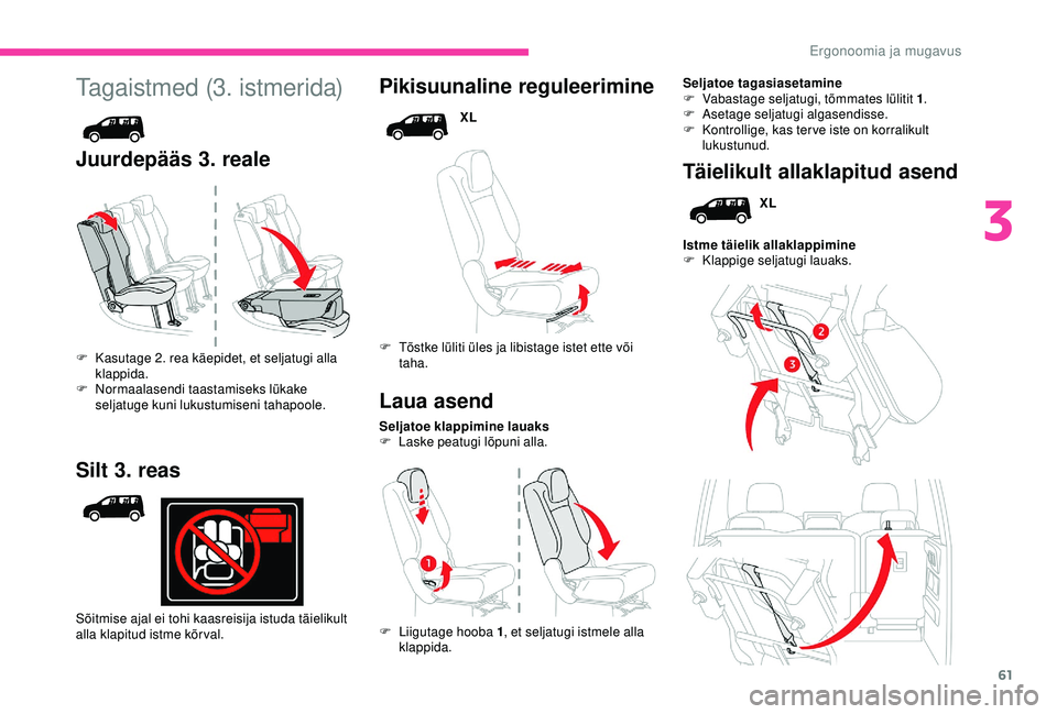 CITROEN BERLINGO VAN 2019 Kasutusjuhend (in Estonian) 61
Tagaistmed (3. istmerida)
Juurdepääs 3. realePikisuunaline reguleerimine
XL
F
T
õstke lüliti üles ja libistage istet ette või
taha.
Seljatoe klappimine lauaks
F
L
aske peatugi lõpuni CITROEN BERLINGO VAN 2019 Kasutusjuhend (in Estonian) 61
Tagaistmed (3. istmerida)
Juurdepääs 3. realePikisuunaline reguleerimine
XL
F
T
õstke lüliti üles ja libistage istet ette või
taha.
Seljatoe klappimine lauaks
F
L
aske peatugi lõpuni