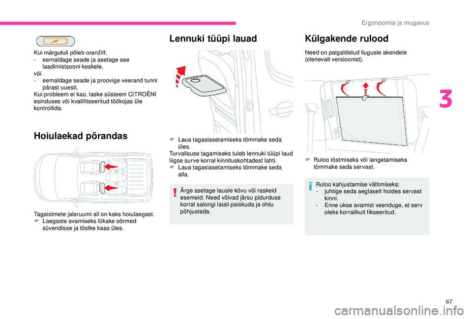CITROEN BERLINGO VAN 2019 Kasutusjuhend (in Estonian) 67
Hoiulaekad põrandas
Kui märgutuli põleb oranžilt:
- e emaldage seade ja asetage see
laadimistsooni keskele.
või
-
e
emaldage seade ja proovige veerand tunni
pärast uuesti.
Kui probleem CITROEN BERLINGO VAN 2019 Kasutusjuhend (in Estonian) 67
Hoiulaekad põrandas
Kui märgutuli põleb oranžilt:
- e emaldage seade ja asetage see
laadimistsooni keskele.
või
-
e
emaldage seade ja proovige veerand tunni
pärast uuesti.
Kui probleem