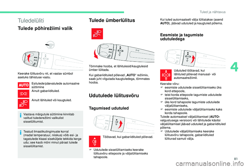 CITROEN BERLINGO VAN 2019 Kasutusjuhend (in Estonian) 81
Tuledelüliti
Tulede põhirežiimi valik
Keerake lülitusvõru nii, et vastav sümbol
asetuks tähistuse vastu.Esitulede/päevatulede automaatne
süttimine
Ainult gabariidituled.
Ainult lähitule CITROEN BERLINGO VAN 2019 Kasutusjuhend (in Estonian) 81
Tuledelüliti
Tulede põhirežiimi valik
Keerake lülitusvõru nii, et vastav sümbol
asetuks tähistuse vastu.Esitulede/päevatulede automaatne
süttimine
Ainult gabariidituled.
Ainult lähitule