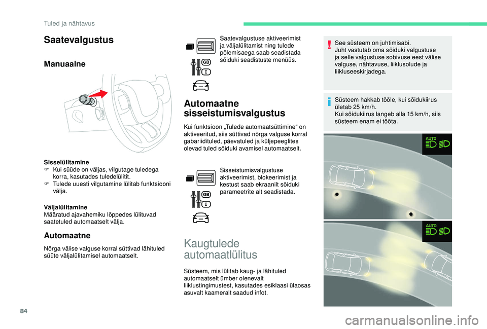 CITROEN BERLINGO VAN 2019 Kasutusjuhend (in Estonian) 84
Saatevalgustus
Manuaalne
Sisselülitamine
F K ui süüde on väljas, vilgutage tuledega
korra, kasutades tuledelülitit.
F
T
ulede uuesti vilgutamine lülitab funktsiooni
välja.
Väljalülita CITROEN BERLINGO VAN 2019 Kasutusjuhend (in Estonian) 84
Saatevalgustus
Manuaalne
Sisselülitamine
F K ui süüde on väljas, vilgutage tuledega
korra, kasutades tuledelülitit.
F
T
ulede uuesti vilgutamine lülitab funktsiooni
välja.
Väljalülita