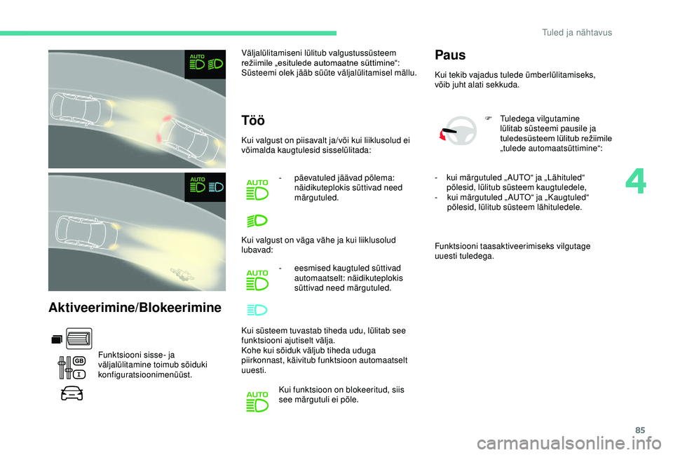 CITROEN BERLINGO VAN 2019 Kasutusjuhend (in Estonian) 85
Aktiveerimine/Blokeerimine
Funktsiooni sisse- ja
väljalülitamine toimub sõiduki
konfiguratsioonimenüüst.Väljalülitamiseni lülitub valgustussüsteem
režiimile
„
esitulede
a
utomaat CITROEN BERLINGO VAN 2019 Kasutusjuhend (in Estonian) 85
Aktiveerimine/Blokeerimine
Funktsiooni sisse- ja
väljalülitamine toimub sõiduki
konfiguratsioonimenüüst.Väljalülitamiseni lülitub valgustussüsteem
režiimile
„
esitulede
a
utomaat