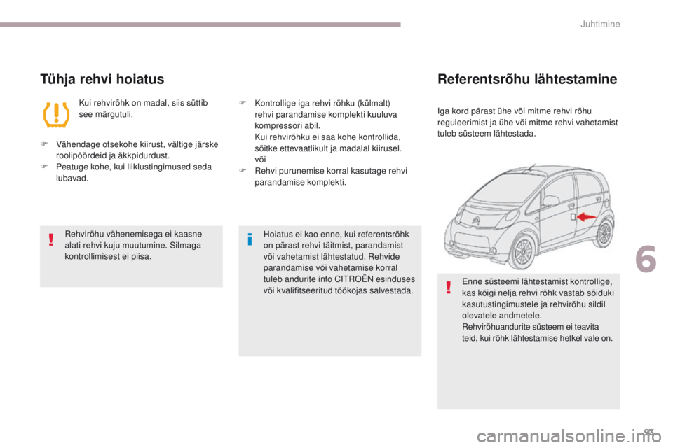 CITROEN C-ZERO 2017  Kasutusjuhend (in Estonian) 93
C-Zero_et_Chap06_conduite_ed01-2016
Tühja rehvi hoiatus
Kui rehvirõhk on madal, siis süttib 
see märgutuli.
F
 
V

ähendage otsekohe kiirust, vältige järske 
roolipöördeid ja äkkpidurdust