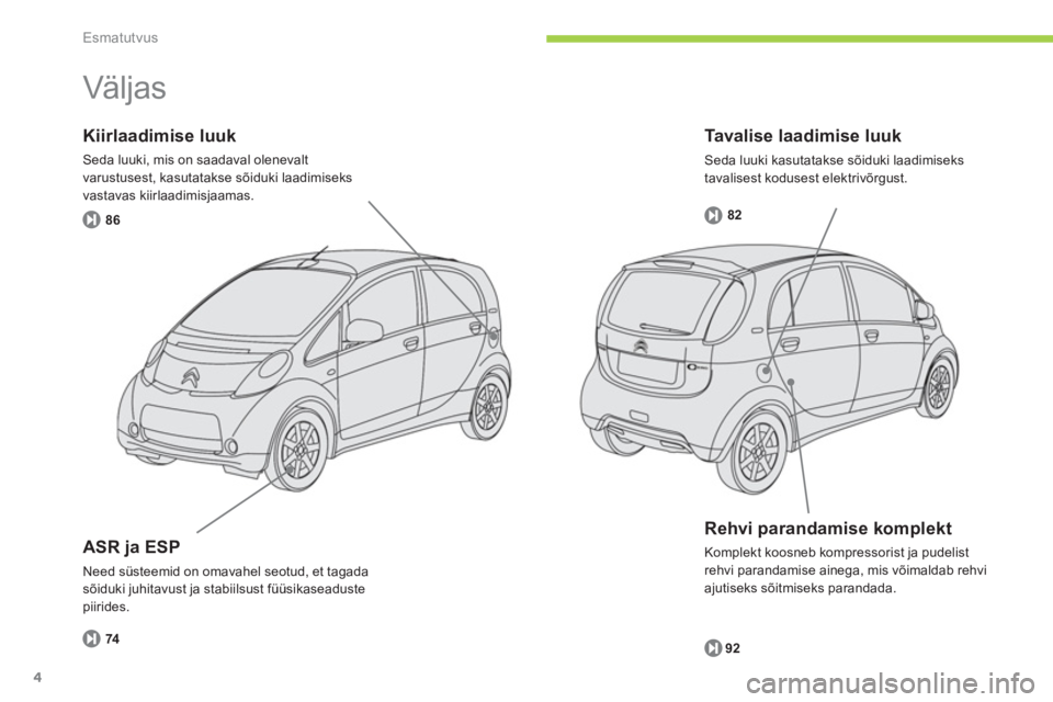 CITROEN C-ZERO 2014  Kasutusjuhend (in Estonian) Esmatutvus
4
   
Tavalise laadimise luuk
 Seda luuki kasutatakse sõiduki laadimiseks 
tavalisest kodusest elektrivõr
gust. 
Kiirlaadimise luuk
Seda luuki, mis on saadaval olenevalt
varustusest, kasu