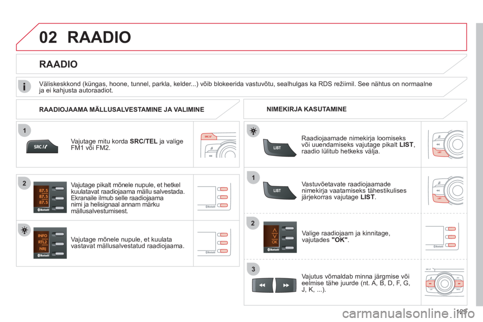 CITROEN C-ZERO 2012 Kasutusjuhend (in Estonian) 02
1
12
2
3
129
RAADIO
Vajutage mitu korda SRC/TEL
ja valige
FM1 või FM2.
Vajutage mõnele nupule, et kuulata
vastavat mällusalvestatud raadiojaama.
Valige raadiojaam ja kinni CITROEN C-ZERO 2012 Kasutusjuhend (in Estonian) 02
1
12
2
3
129
RAADIO
Vajutage mitu korda SRC/TEL
ja valige
FM1 või FM2.
Vajutage mõnele nupule, et kuulata
vastavat mällusalvestatud raadiojaama.
Valige raadiojaam ja kinni