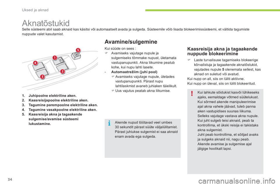 CITROEN C-ZERO 2012  Kasutusjuhend (in Estonian) i
!
Uksed ja aknad
34
   
 
1. 
  Juhipoolne elektriline aken. 
 
   
2. 
  Kaasreisijapoolne elektriline aken. 
 
   
3. 
  Tagumine parempoolne elektriline aken. 
 
   
4. 
  Tagumine vasakpoolne el