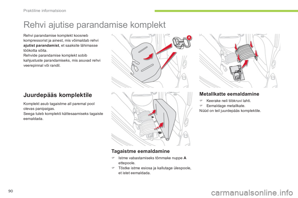 CITROEN C-ZERO 2012  Kasutusjuhend (in Estonian) Praktiline informatsioon
90
  Komplekt asub tagaistme all paremal pool 
olevas panipaigas. 
  Seega tuleb komplekti kättesaamiseks tagaiste 
eemaldada.    Rehvi parandamise komplekt koosneb 
kompress