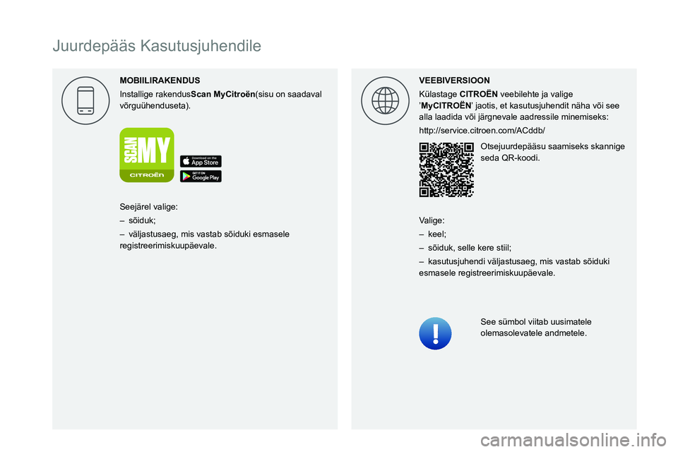 CITROEN C3 AIRCROSS 2021 Kasutusjuhend (in Estonian)
Juurdepääs Kasutusjuhendile
MOBIILIRAKENDUS
Installige rakendusScan MyCitro\353n(sisu on saadaval
võrguühenduseta). VEEBIVERSIOON
Külastage
CITRO\313N veebilehte ja valige CITROEN C3 AIRCROSS 2021 Kasutusjuhend (in Estonian)
Juurdepääs Kasutusjuhendile
MOBIILIRAKENDUS
Installige rakendusScan MyCitro\353n(sisu on saadaval
võrguühenduseta). VEEBIVERSIOON
Külastage
CITRO\313N veebilehte ja valige