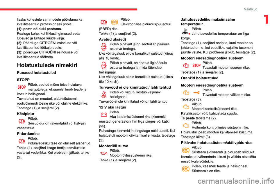 CITROEN C3 AIRCROSS 2021  Kasutusjuhend (in Estonian) 9
Näidikud
1lisaks kohestele sammudele pöörduma ka 
kvalifitseeritud professionaali poole.
(1): peate sõiduki peatama.
Peatuge kohe, kui liiklustingimused seda 
lubavad ja lülitage süüde välja