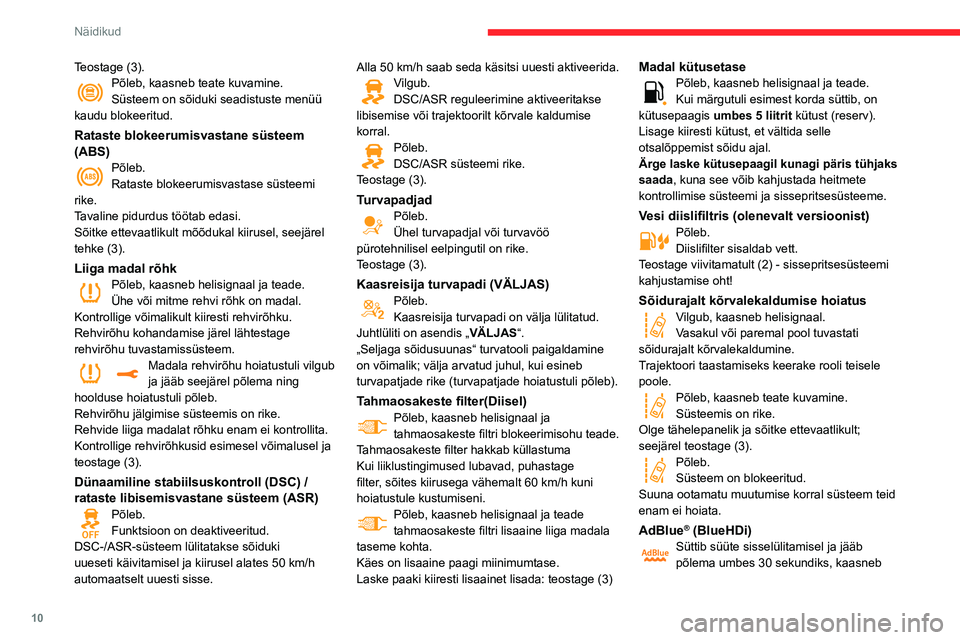 CITROEN C3 AIRCROSS 2021  Kasutusjuhend (in Estonian) 10
Näidikud
Teostage (3).Põleb, kaasneb teate kuvamine.Süsteem on sõiduki seadistuste menüü 
kaudu blokeeritud.
Rataste blokeerumisvastane süsteem 
(ABS)
Põleb.Rataste blokeerumisvastase süst