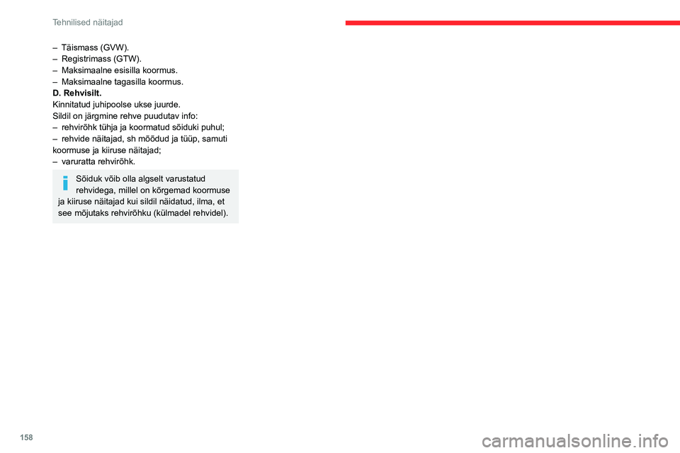 CITROEN C3 AIRCROSS 2021 Kasutusjuhend (in Estonian) 158
Tehnilised näitajad
– Täismass (GVW).– Registrimass (GTW).– Maksimaalne esisilla koormus.– Maksimaalne tagasilla koormus.D. Rehvisilt.
Kinnitatud juhipoolse ukse juurde.
Sildil on järgm CITROEN C3 AIRCROSS 2021 Kasutusjuhend (in Estonian) 158
Tehnilised näitajad
– Täismass (GVW).– Registrimass (GTW).– Maksimaalne esisilla koormus.– Maksimaalne tagasilla koormus.D. Rehvisilt.
Kinnitatud juhipoolse ukse juurde.
Sildil on järgm