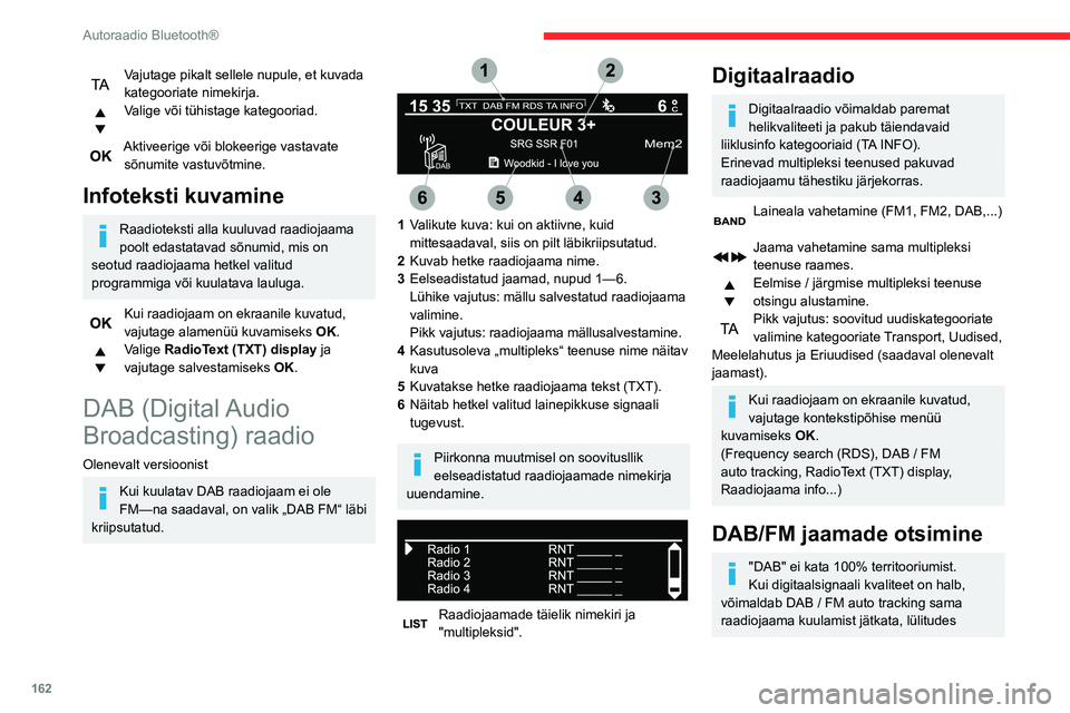 CITROEN C3 AIRCROSS 2021 Kasutusjuhend (in Estonian) 162
Autoraadio Bluetooth®
automaatselt ümber vastavale FM raadiojaamale (kui selline on olemas).Kui DAB / FM auto tracking on aktiivne, valitakse DAB raadiojaam automaatselt.
Vajutage nupule MENU.
CITROEN C3 AIRCROSS 2021 Kasutusjuhend (in Estonian) 162
Autoraadio Bluetooth®
automaatselt ümber vastavale FM raadiojaamale (kui selline on olemas).Kui DAB / FM auto tracking on aktiivne, valitakse DAB raadiojaam automaatselt.
Vajutage nupule MENU.