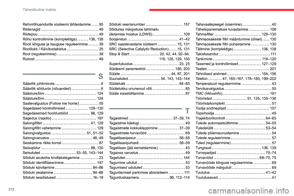 CITROEN C3 AIRCROSS 2021 Kasutusjuhend (in Estonian) 212
Tähestikuline indeks
Rehvirõhuandurite süsteemi lähtestamine 95Riidenagid 49Riidepuu 49Rõhu kontrollimine (komplektiga) 136, 138Rooli kõrguse ja kauguse reguleerimine 39Roolilukk / CITROEN C3 AIRCROSS 2021 Kasutusjuhend (in Estonian) 212
Tähestikuline indeks
Rehvirõhuandurite süsteemi lähtestamine 95Riidenagid 49Riidepuu 49Rõhu kontrollimine (komplektiga) 136, 138Rooli kõrguse ja kauguse reguleerimine 39Roolilukk /