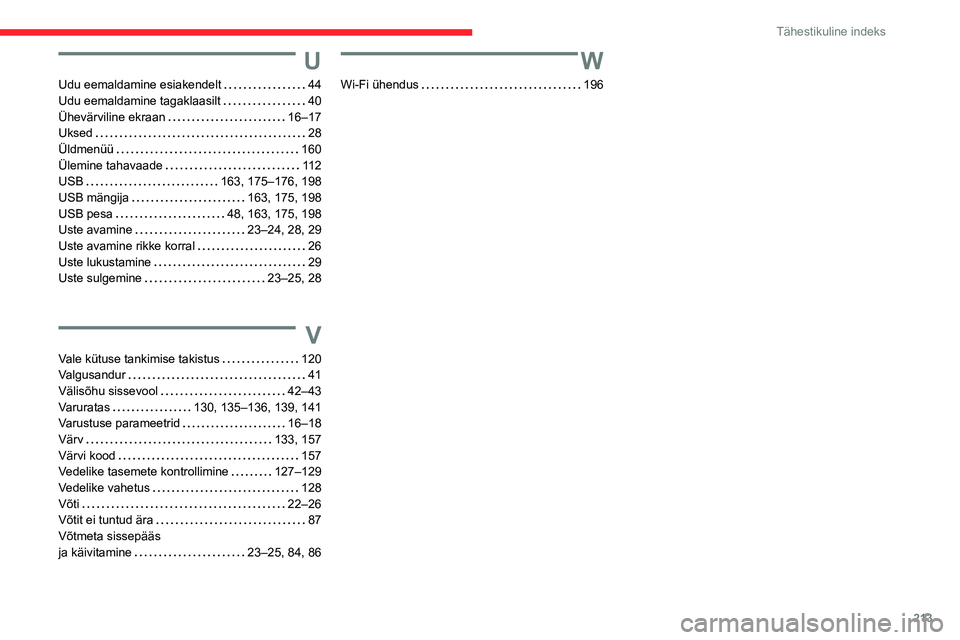 CITROEN C3 AIRCROSS 2021 Kasutusjuhend (in Estonian) 213
Tähestikuline indeks
U
Udu eemaldamine esiakendelt 44Udu eemaldamine tagaklaasilt 40Ühevärviline ekraan 16–17Uksed 28Üldmenüü 160Ülemine tahavaade 11 2USB 163, 175–176, 19 CITROEN C3 AIRCROSS 2021 Kasutusjuhend (in Estonian) 213
Tähestikuline indeks
U
Udu eemaldamine esiakendelt 44Udu eemaldamine tagaklaasilt 40Ühevärviline ekraan 16–17Uksed 28Üldmenüü 160Ülemine tahavaade 11 2USB 163, 175–176, 19