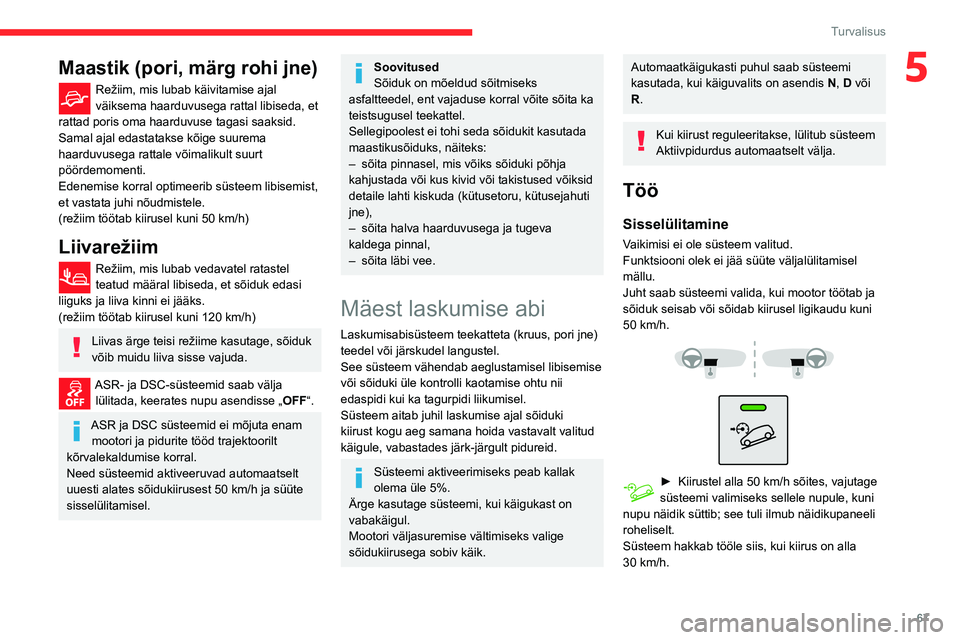 CITROEN C3 AIRCROSS 2021 Kasutusjuhend (in Estonian) 67
Turvalisus
5Maastik (pori, märg rohi jne)
Režiim, mis lubab käivitamise ajal väiksema haarduvusega rattal libiseda, et
rattad poris oma haarduvuse tagasi saaksid.
Samal ajal edastatakse kõig CITROEN C3 AIRCROSS 2021 Kasutusjuhend (in Estonian) 67
Turvalisus
5Maastik (pori, märg rohi jne)
Režiim, mis lubab käivitamise ajal väiksema haarduvusega rattal libiseda, et
rattad poris oma haarduvuse tagasi saaksid.
Samal ajal edastatakse kõig