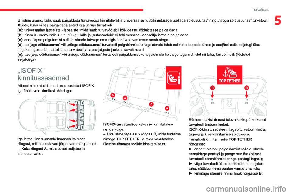 CITROEN C3 AIRCROSS 2021 Kasutusjuhend (in Estonian) 77
Turvalisus
5U: istme asend, kuhu saab paigaldada turvavööga kinnitatavat ja universaalse tüübikinnitusega „seljaga sõidusuunas” ning „näoga sõidusuunas” turvatooli.
X: iste, kuhu ei CITROEN C3 AIRCROSS 2021 Kasutusjuhend (in Estonian) 77
Turvalisus
5U: istme asend, kuhu saab paigaldada turvavööga kinnitatavat ja universaalse tüübikinnitusega „seljaga sõidusuunas” ning „näoga sõidusuunas” turvatooli.
X: iste, kuhu ei