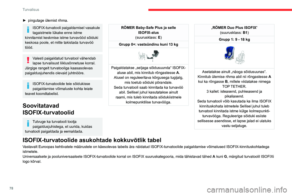 CITROEN C3 AIRCROSS 2021 Kasutusjuhend (in Estonian) 78
Turvalisus
► pingutage ülemist rihma.
ISOFIX-turvatooli paigaldamisel vasakule
tagaistmele lükake enne istme
kinnitamist keskmise istme turvavööd sõiduki
keskosa poole, et mitte takistada CITROEN C3 AIRCROSS 2021 Kasutusjuhend (in Estonian) 78
Turvalisus
► pingutage ülemist rihma.
ISOFIX-turvatooli paigaldamisel vasakule
tagaistmele lükake enne istme
kinnitamist keskmise istme turvavööd sõiduki
keskosa poole, et mitte takistada
