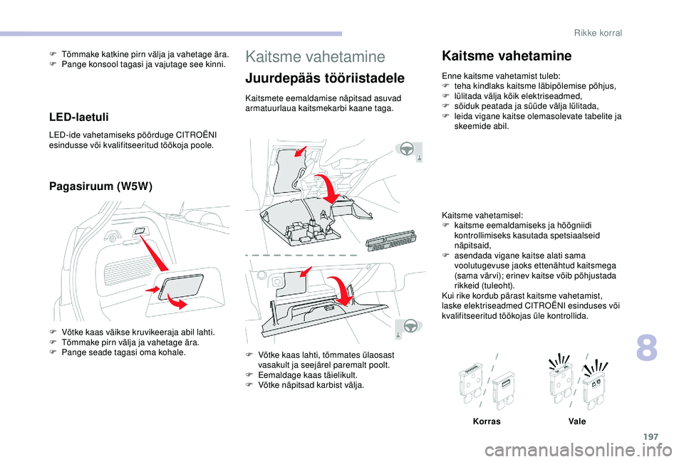 CITROEN C3 AIRCROSS 2019  Kasutusjuhend (in Estonian) 197
Kaitsme vahetamine
Juurdepääs tööriistadele
Kaitsmete eemaldamise näpitsad asuvad 
armatuurlaua kaitsmekarbi kaane taga.
F 
V
 õtke kaas lahti, tõmmates ülaosast 
vasakult ja seejärel par CITROEN C3 AIRCROSS 2019  Kasutusjuhend (in Estonian) 197
Kaitsme vahetamine
Juurdepääs tööriistadele
Kaitsmete eemaldamise näpitsad asuvad 
armatuurlaua kaitsmekarbi kaane taga.
F 
V
 õtke kaas lahti, tõmmates ülaosast 
vasakult ja seejärel par