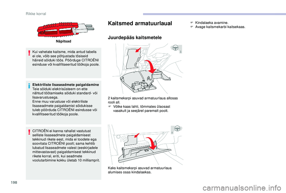 CITROEN C3 AIRCROSS 2019  Kasutusjuhend (in Estonian) 198
Näpitsad
Kui vahetate kaitsme, mida antud tabelis 
ei ole, võib see põhjustada tõsiseid 
häireid sõiduki töös. Pöörduge CITROËNI 
esinduse või kvalifitseeritud töökoja poole.
Elektri CITROEN C3 AIRCROSS 2019  Kasutusjuhend (in Estonian) 198
Näpitsad
Kui vahetate kaitsme, mida antud tabelis 
ei ole, võib see põhjustada tõsiseid 
häireid sõiduki töös. Pöörduge CITROËNI 
esinduse või kvalifitseeritud töökoja poole.
Elektri