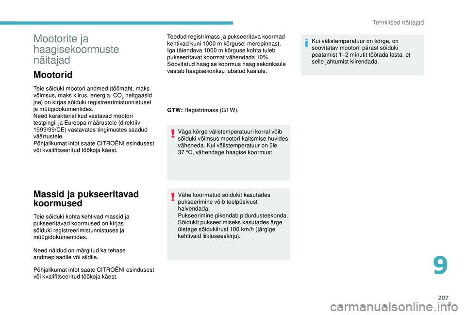 CITROEN C3 AIRCROSS 2019 Kasutusjuhend (in Estonian) 207
Mootorite ja
haagisekoormuste
näitajad
Mootorid
Teie sõiduki mootori andmed (töömaht, maks
võimsus, maks kiirus, energia, CO
2 heitgaasid
jne) on kirjas sõiduki registreerimistunnistusel CITROEN C3 AIRCROSS 2019 Kasutusjuhend (in Estonian) 207
Mootorite ja
haagisekoormuste
näitajad
Mootorid
Teie sõiduki mootori andmed (töömaht, maks
võimsus, maks kiirus, energia, CO
2 heitgaasid
jne) on kirjas sõiduki registreerimistunnistusel