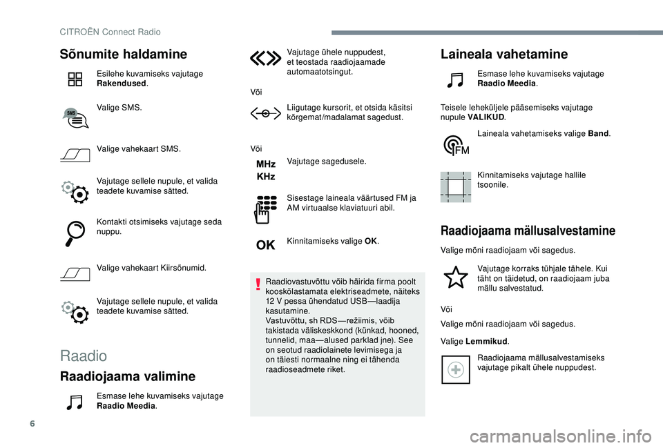 CITROEN C3 AIRCROSS 2019 Kasutusjuhend (in Estonian) 6
Sõnumite haldamine
Esilehe kuvamiseks vajutage
Rakendused.
Valige SMS.
Valige vahekaart SMS.
Vajutage sellele nupule, et valida
teadete kuvamise sätted.
Kontakti otsimiseks vajutage seda
nuppu. CITROEN C3 AIRCROSS 2019 Kasutusjuhend (in Estonian) 6
Sõnumite haldamine
Esilehe kuvamiseks vajutage
Rakendused.
Valige SMS.
Valige vahekaart SMS.
Vajutage sellele nupule, et valida
teadete kuvamise sätted.
Kontakti otsimiseks vajutage seda
nuppu.
