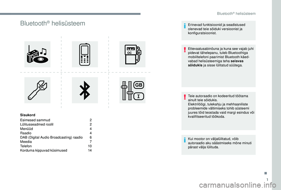 CITROEN C3 AIRCROSS 2019 Kasutusjuhend (in Estonian) 1
Bluetooth® helisüsteem
Sisukord
Esimesed sammud
2
L
ülitusseadmed roolil
2
M
enüüd
4
Raadio
4
D
AB (Digital Audio Broadcasting) raadio
6
M
eedia 7
Telefon
10
Korduma kippuvad CITROEN C3 AIRCROSS 2019 Kasutusjuhend (in Estonian) 1
Bluetooth® helisüsteem
Sisukord
Esimesed sammud
2
L
ülitusseadmed roolil
2
M
enüüd
4
Raadio
4
D
AB (Digital Audio Broadcasting) raadio
6
M
eedia 7
Telefon
10
Korduma kippuvad