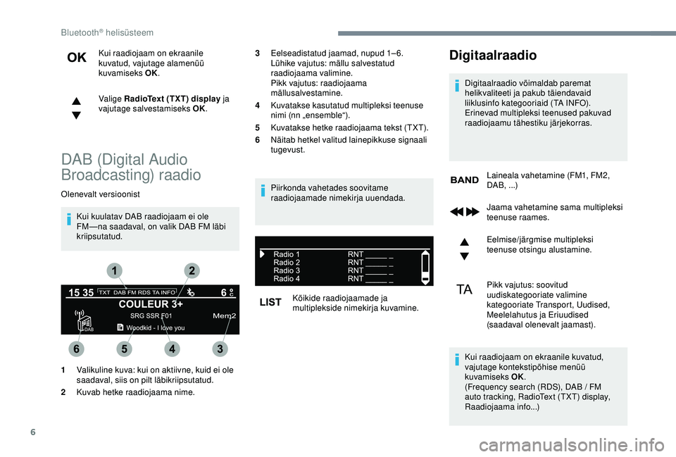 CITROEN C3 AIRCROSS 2019 Kasutusjuhend (in Estonian) 6
Kui raadiojaam on ekraanile
kuvatud, vajutage alamenüü
kuvamiseks OK.
Valige RadioText (TXT) display ja
vajutage salvestamiseks OK.
DAB (Digital Audio
Broadcasting) raadio
Olenevalt versioonis CITROEN C3 AIRCROSS 2019 Kasutusjuhend (in Estonian) 6
Kui raadiojaam on ekraanile
kuvatud, vajutage alamenüü
kuvamiseks OK.
Valige RadioText (TXT) display ja
vajutage salvestamiseks OK.
DAB (Digital Audio
Broadcasting) raadio
Olenevalt versioonis